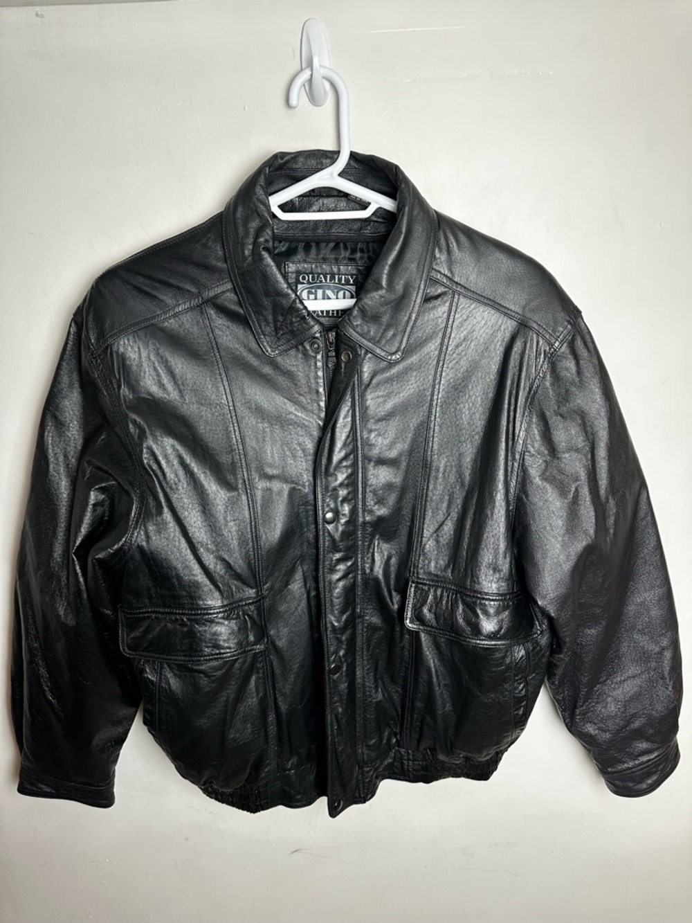 Vintage 80s Gino Leather Jacket Bomber Men's Size Large Black Moto Winter FLAW